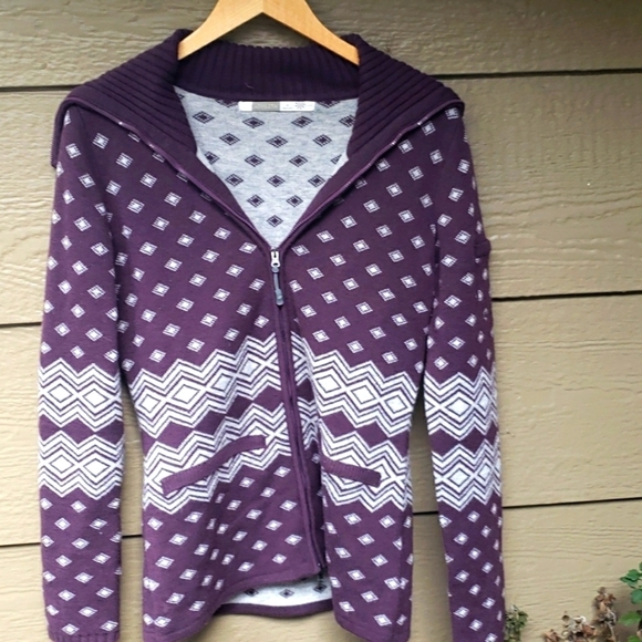 Athleta Purple and White Fair Isle Teton Wool Blend Full Zip Sweater M - Picture 6 of 9